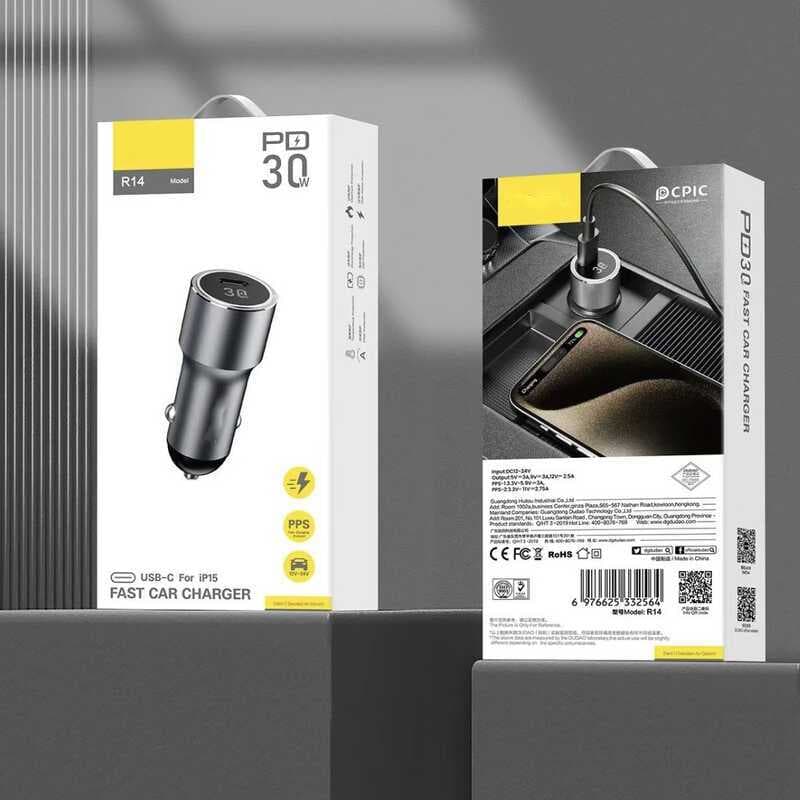 Único R14PD30W carregador de carro carga rápida fibra carbono pequeno canhão aço carregador carro 30W carro PD cabeça ca