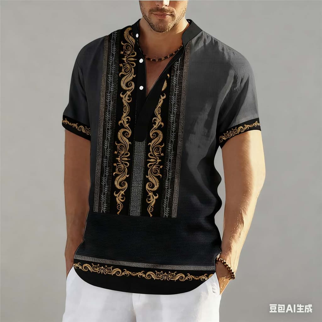 Camisa Barong Masculina Para Roupas Masculinas Estilo Étnico Vintage ASEAN Topos Étnica Padrão Retro Ao Ar Livre Street 