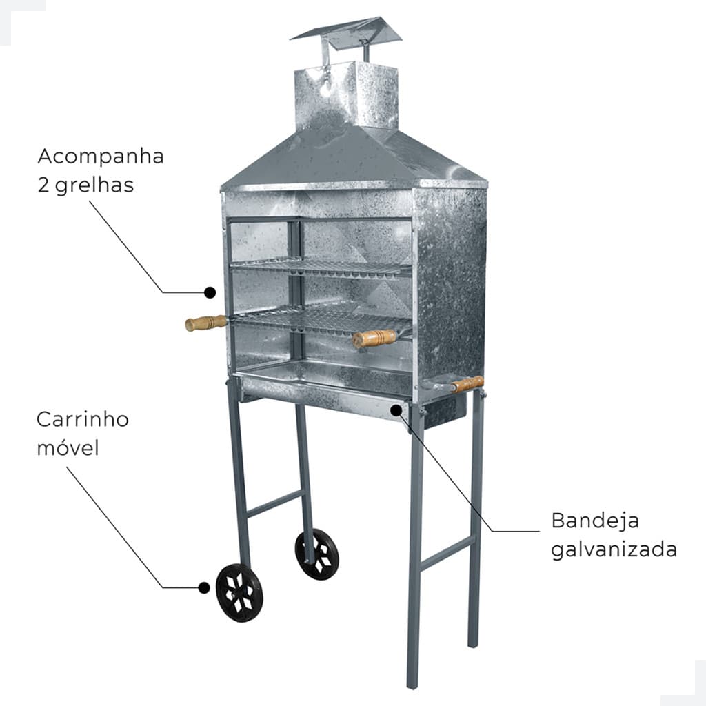 Churrasqueira a Carvão Portátil com Carrinho 60cm – Móvel e Ideal para Espetinhos e Churrascos