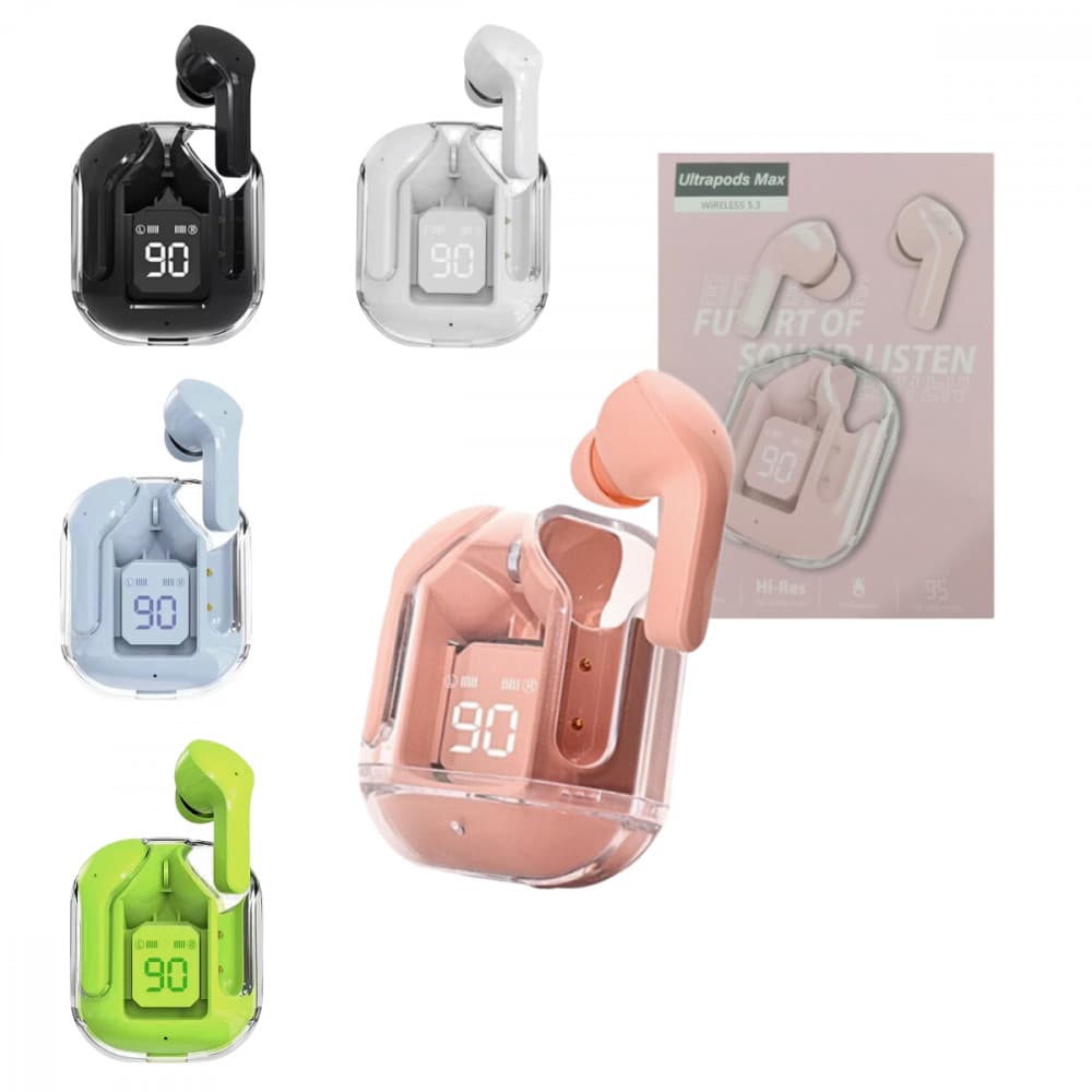 Fone de Ouvido Bluetooth com Case de Carregamento Transparente LED Digital AIR30 ULTRAPODS MAX