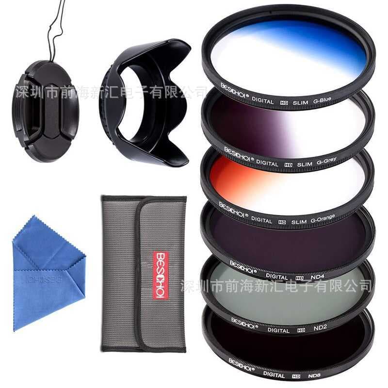 Kit de filtro para câmera SLR 37-82mm 10IN1 Gradiente Azul Cinza Laranja ND2 ND4 ND8