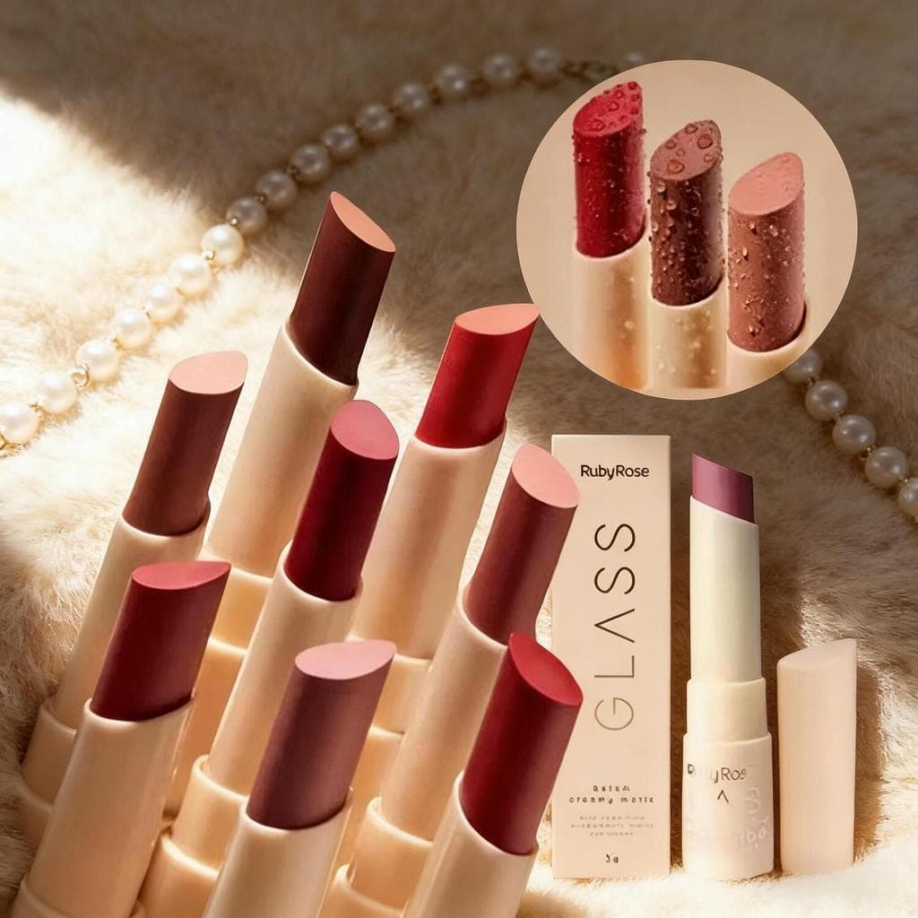 Batom  Bala Creamy - Ruby Rose -Cremoso Matte Glass, Acabamento Aveludado com 8 Cores Intensas de Alta cobertura FHB-567