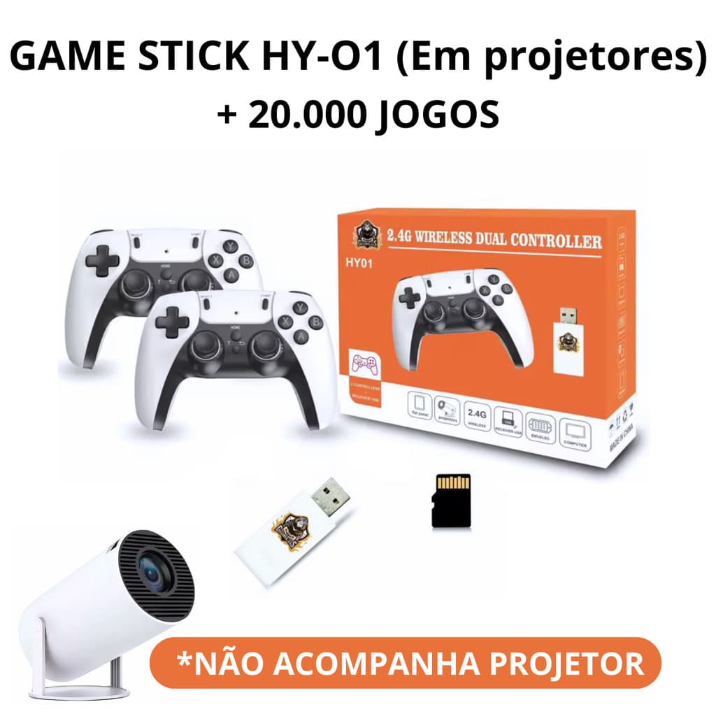 NOVO:BRANCO HY-01 - Game Stick 20000 4K Jogos Retrôs Emuladores  2 Controles S/ Fio para Projetores