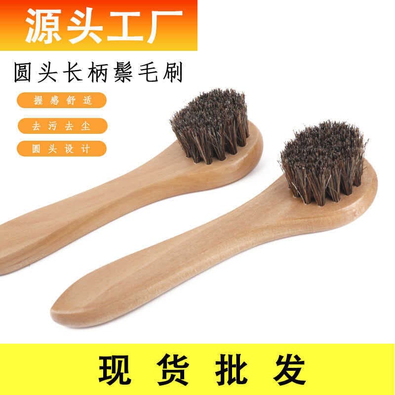 Escova de crina de cabeça redonda com cabo pequeno, escova de chapéu de crina, cerdas macias, escova de sapato de couro 