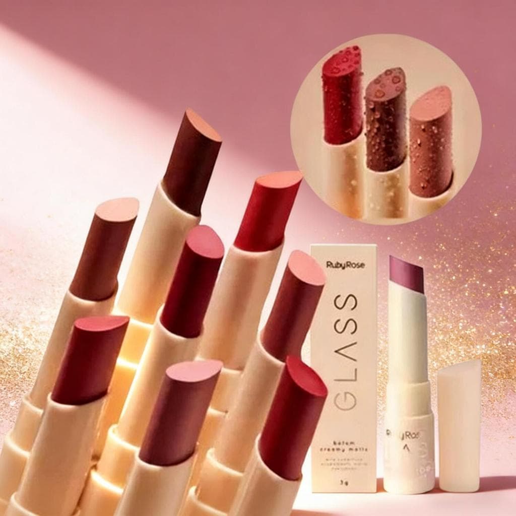 Ruby Rose Batom  Bala Creamy - Cremoso Matte Glass, Acabamento Aveludado com 8 Cores Intensas de Alta cobertura FHB-567