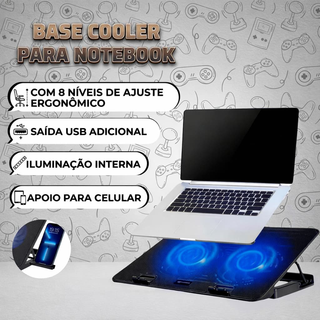 Base Cooler para Notebook + Suporte para Celular