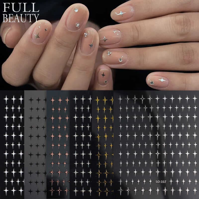 Adesivo de Manicure ins estrela de quatro pontas estrela de quatro pontas prata ouro espelho conjunto de adesivos de unh