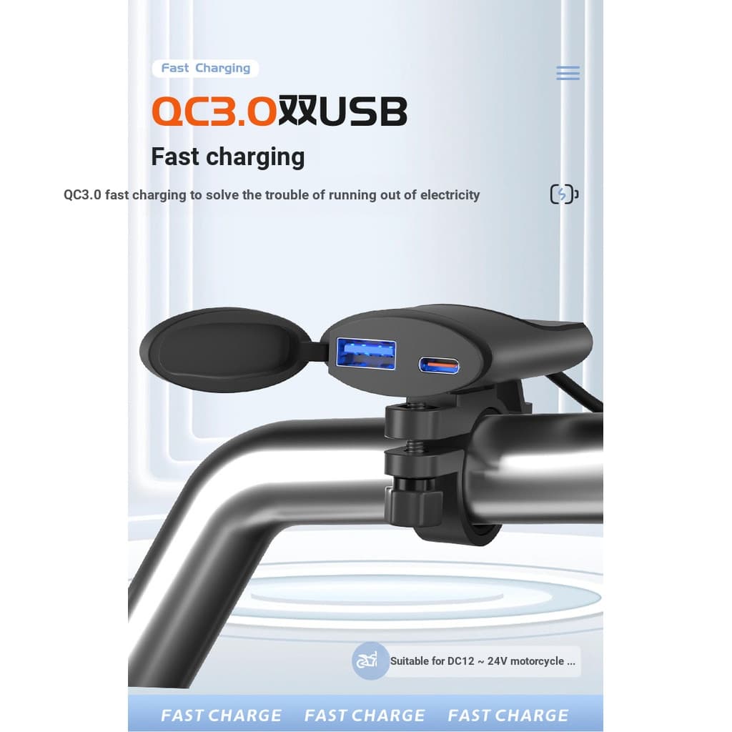 Instalação do guiador da motocicleta suporte do telefone móvel duplo USB 12-24V carga rápida carregador do telefone móve