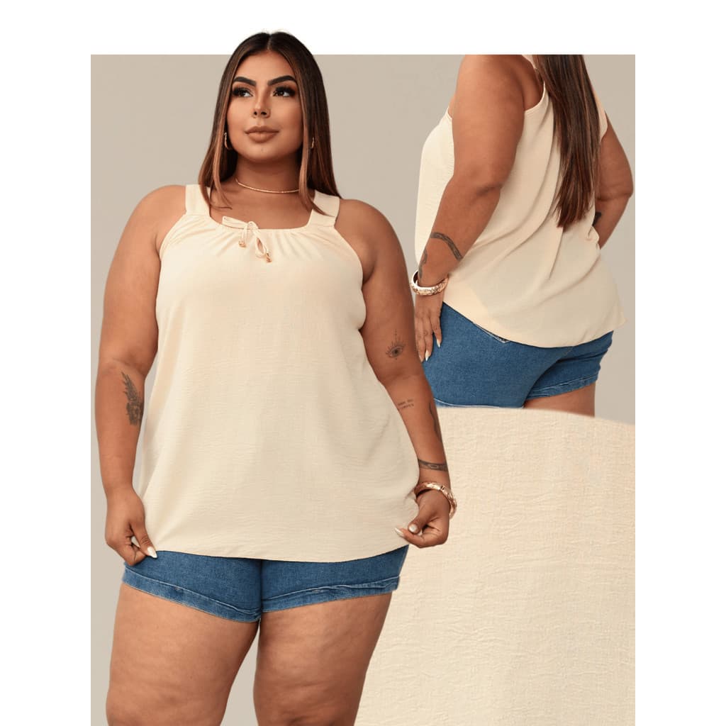 Blusa Regata Feminina Plus Size Elastico Na Gola Com Ponteira Dourada Tendencia