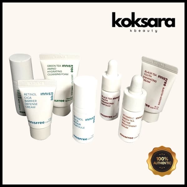innisfree best mini size black tea, retinol, vita c cream, serum, form cleanser, green tea cream