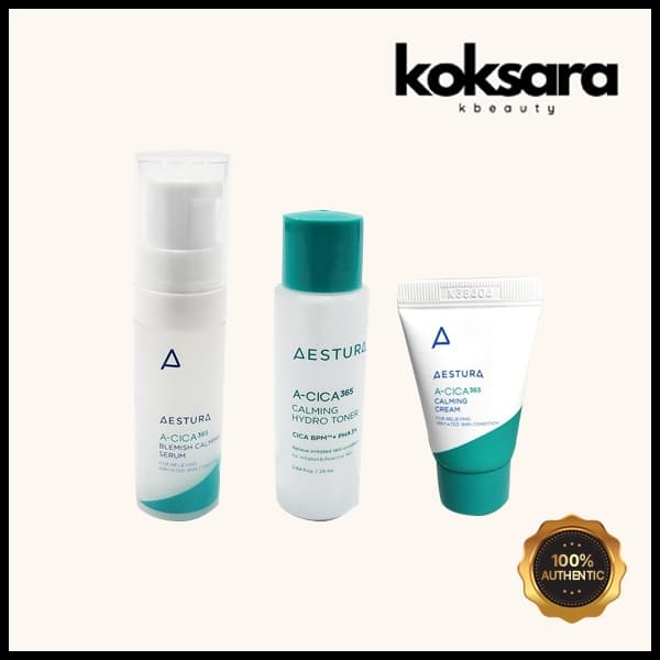 aestura a-cica365 calming hydro toner 25ml, blemish calming serum 5ml, calming cream 10ml