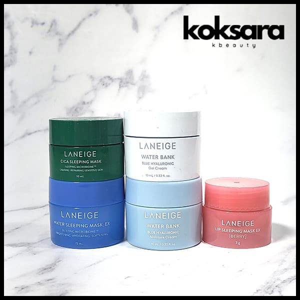 laneige sleeping mask water 15ml, cica 10ml, barry 3ml, gel cream 10ml, moisture cream 10ml, bouncy&firm 10ml, intensive