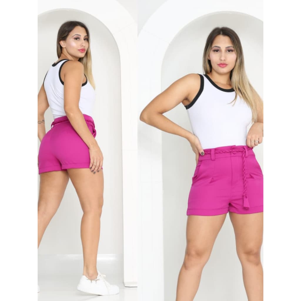 Short  Femenino Cintura Alta tecido Alfaiateria com Cinto Cordão Moda Verão Cores Variados