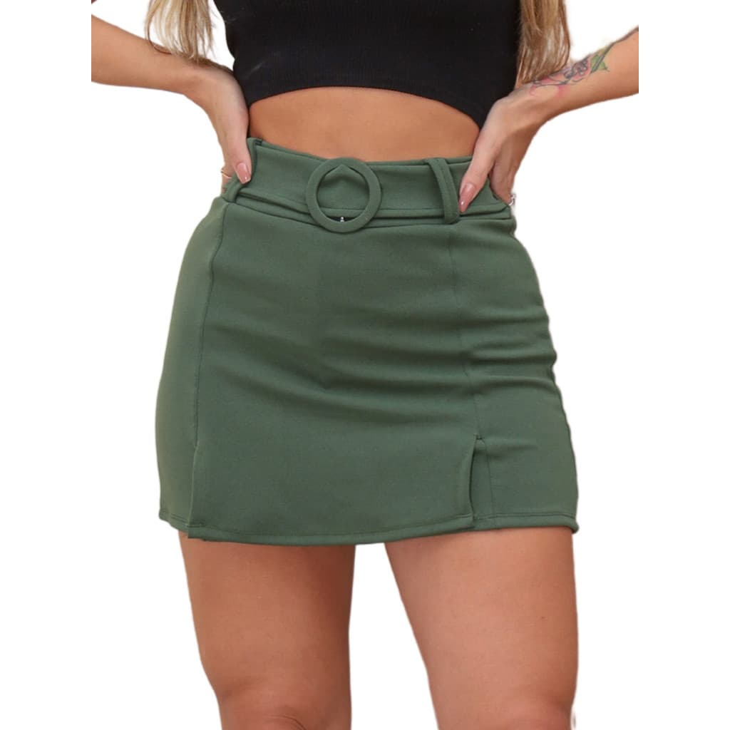 Short Saia Feminino Com Cinto Forrado Shorts Curto Fenda Bermuda Sainha Cintura Alta