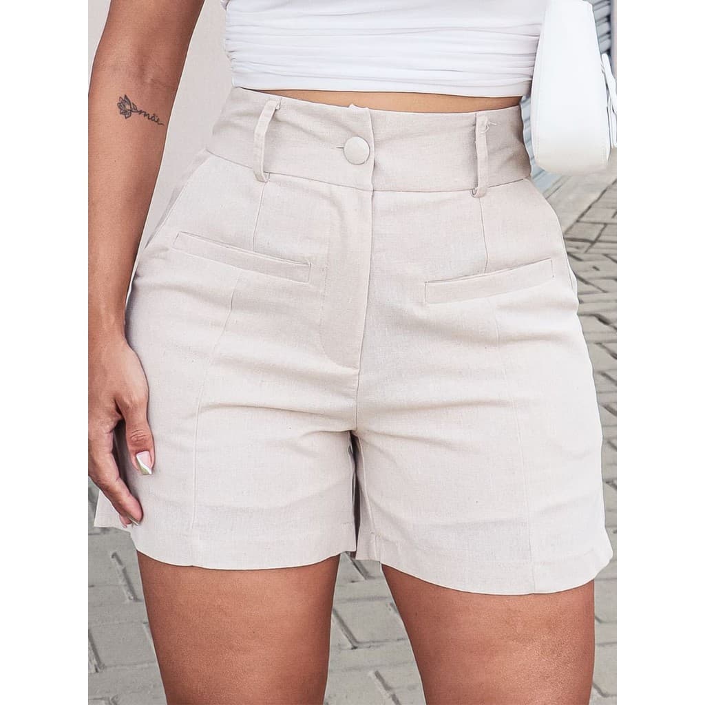 LuluRunModa Short Feminino em Viscolinho Linho Bolso Lapena Fake – Elegância Minimalista para o Dia a Dia - S870