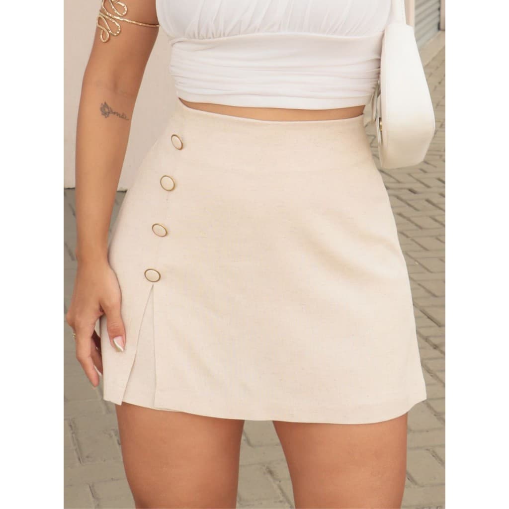 LuluRunModa Shorts Saia Sarja Natural Feminino Botoes Trespassado Lado Com Forro - S884
