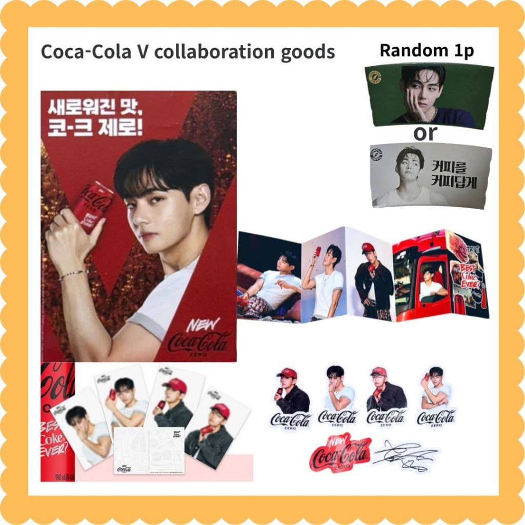 Estojo De Lata Para Cartão Postal BTS V + Adesivo Acordeão Livro Coca-Cola Colaboração (+ Porta-Copos De Café Composto)