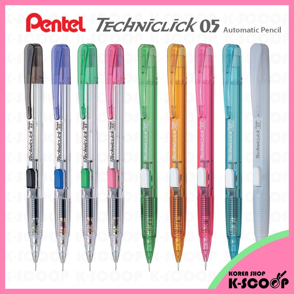 Lápis Automático Pentel Techniclick 0.5 Mm PD105-Clique Lateral , Borracha Embutida , Série Transparente E Colorida
