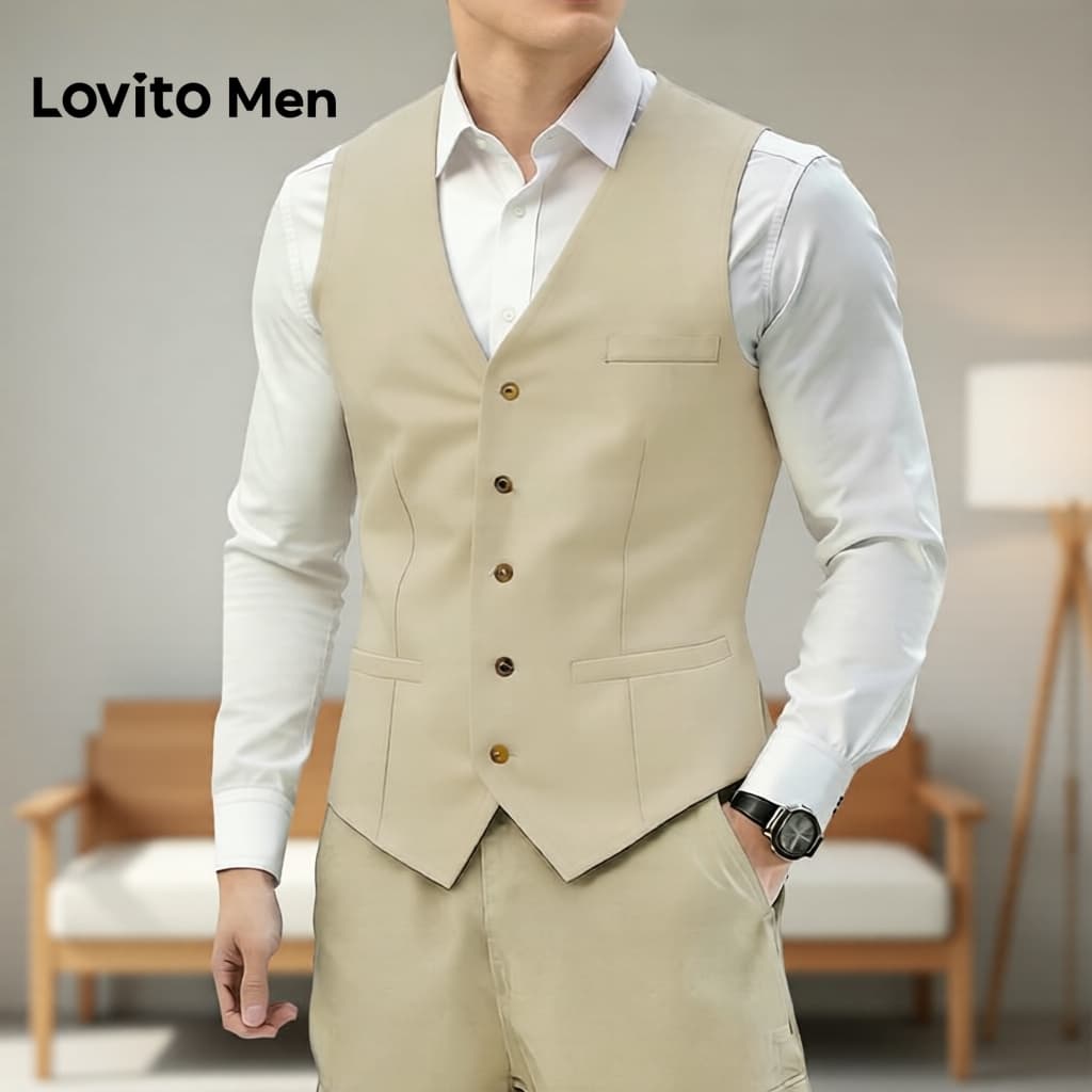 Lovito Masculino Colete Casual com Botão e Bolso Linha Estruturada Primavera/Verão Khaki Claro L187ED110