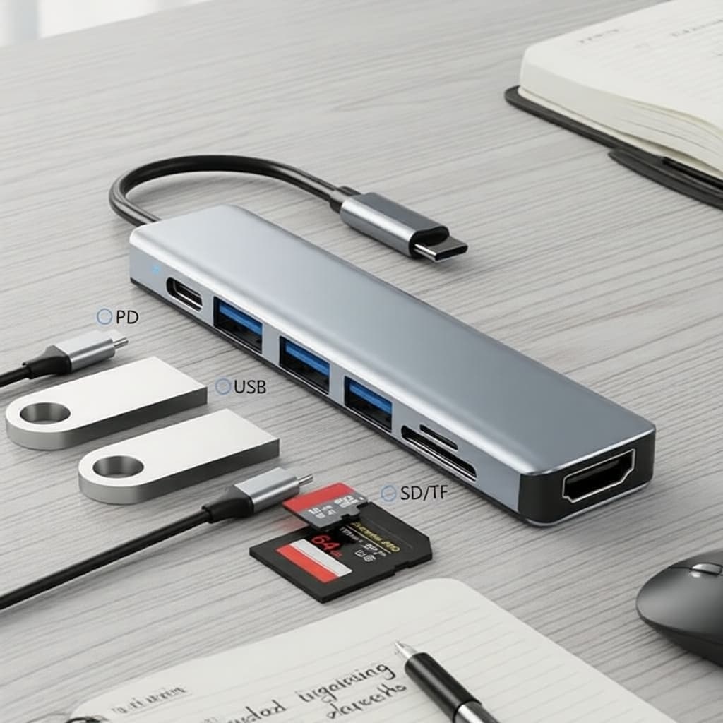  7 Portas Hub USB C Tipo C Dock para PC Laptop com Leitor de Cartão HDMI PD