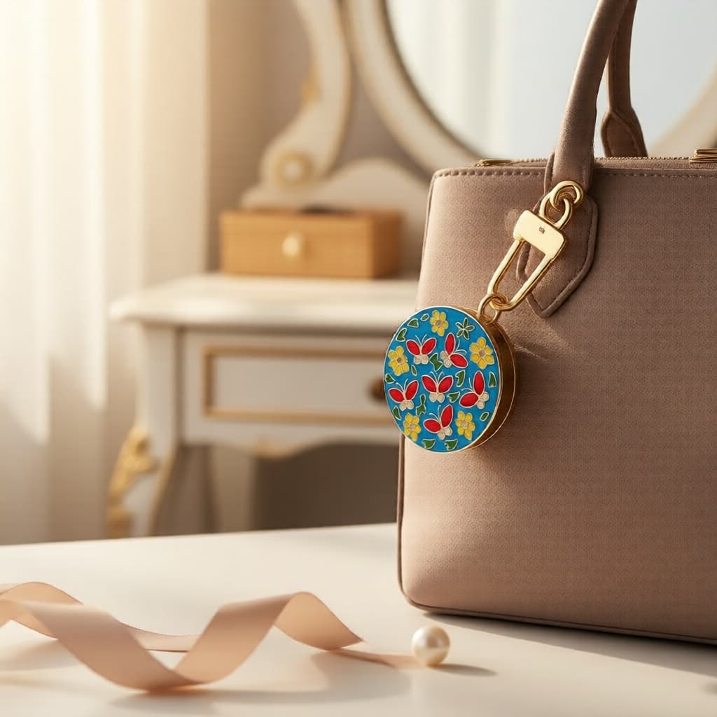  4 unidades de ganchos dobráveis para bolsa, estilo retrô com flor, para uso em mesa, com anel de pressão de segurança