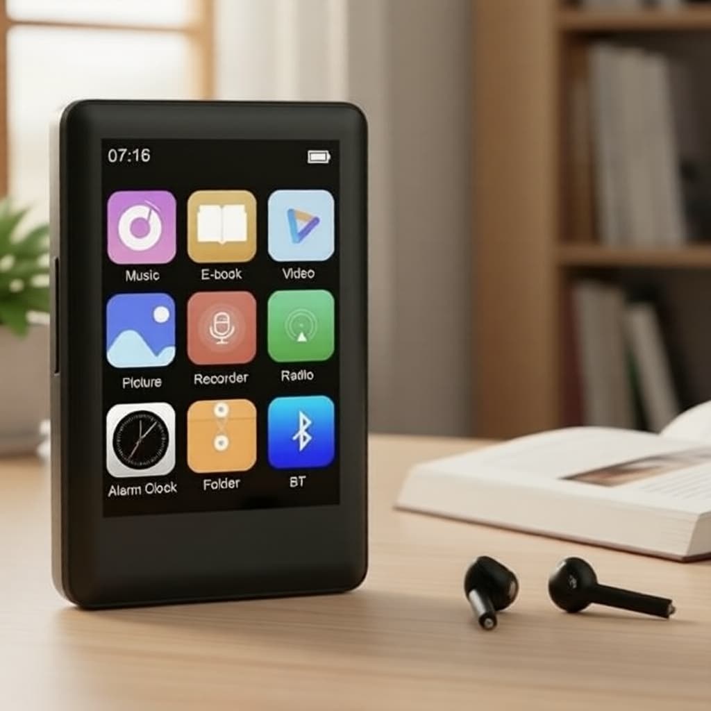  Tela sensível ao toque de 2,4 polegadas, MP3/MP4 Player, Bluetooth 5.2, som HiFi, reprodução de vídeo e áudio, slot