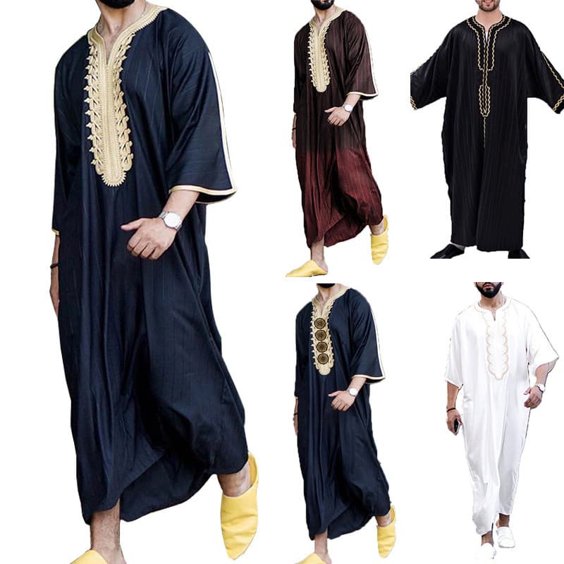 Homens Muçulmanos Thobe Oriente Médio Árabe Saudita Robe Manga Longa Kaftan Impresso Islâmico Abaya Roupas De Oração