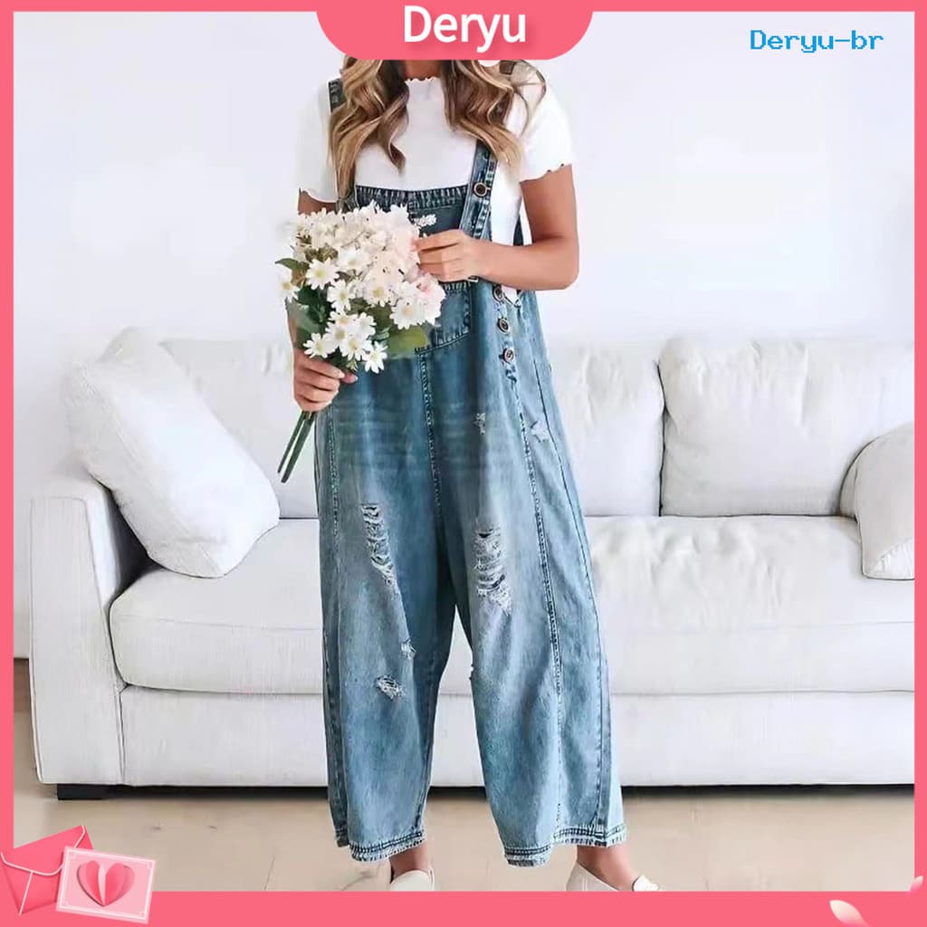 [deryu] Macacão Jeans Feminino Com Alças Ajustáveis , Solto , Desgastado , Rasgado , Perna Larga , Casual , Folgado , Ca