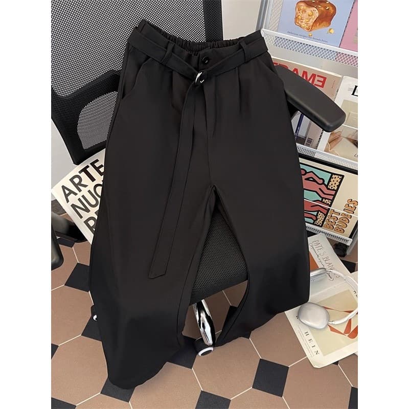 Drape terno calças masculinas outono americano Retro cinto Design calças casuais Street Wear rufião bonito em linha reta