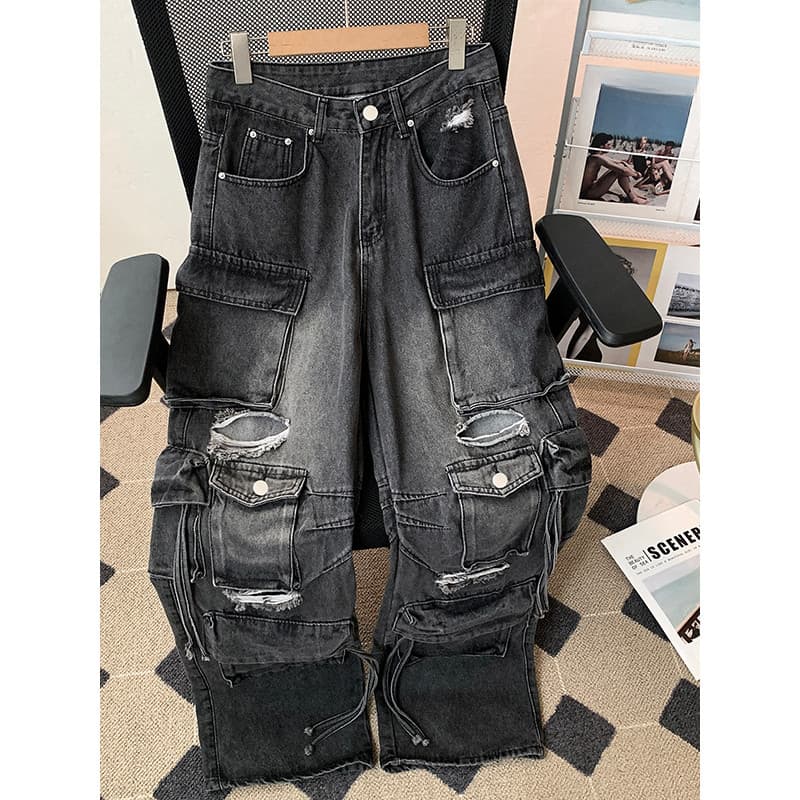 Lavado indústria pesada rasgado Jeans masculino estilo americano em linha reta Multi-bolso macacão Street Wear vibe solt