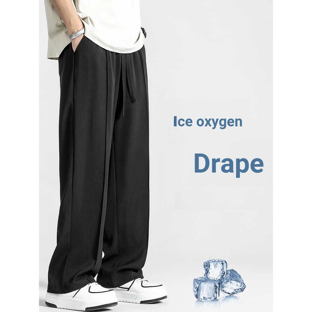 Calças de perna larga drapeadas de seda gelo dos homens verão fino High Street calças compridas soltas em linha reta men