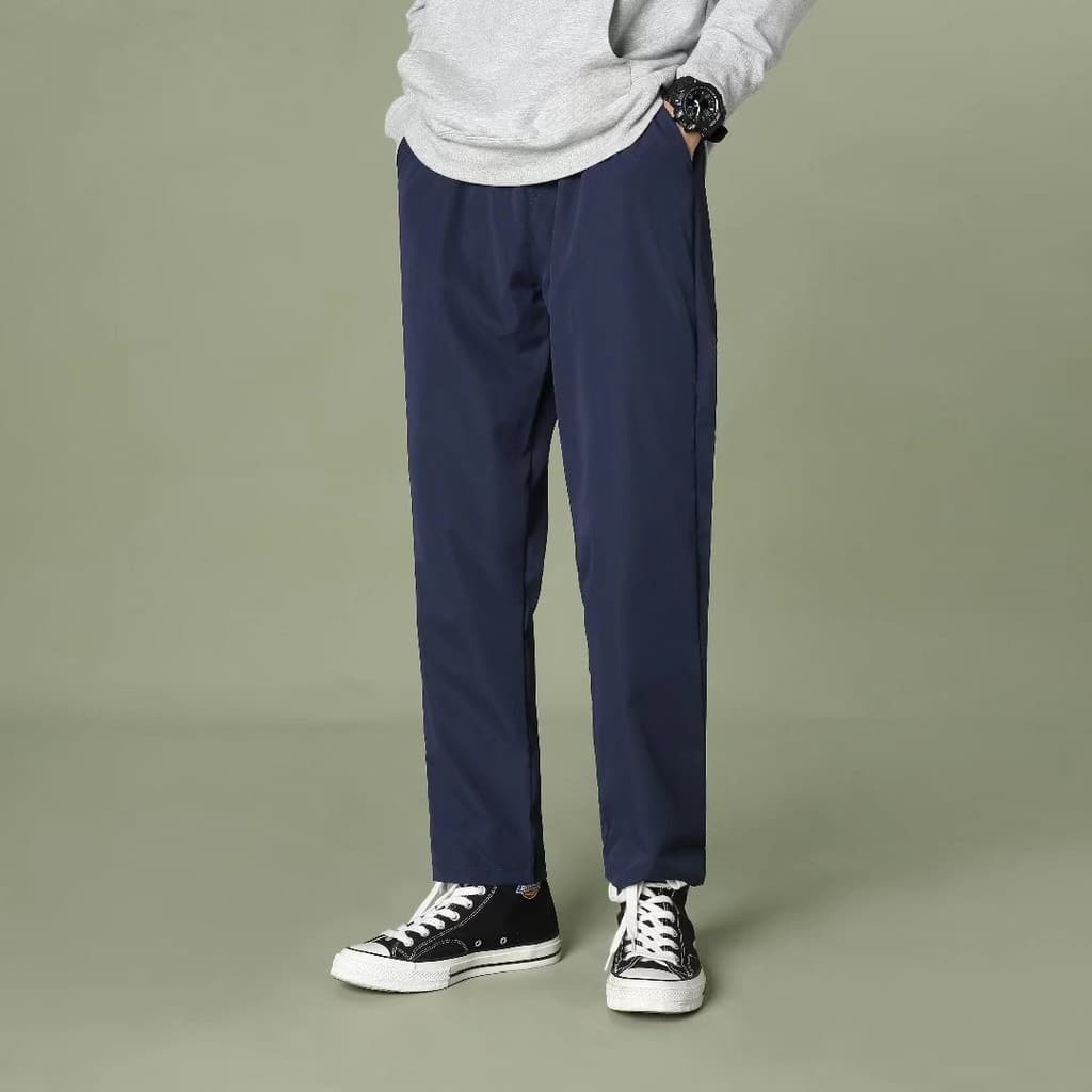 Verão fino calças de seda gelo ins japonês versão coreana calças casuais homens soltos em linha reta na moda Drape torno