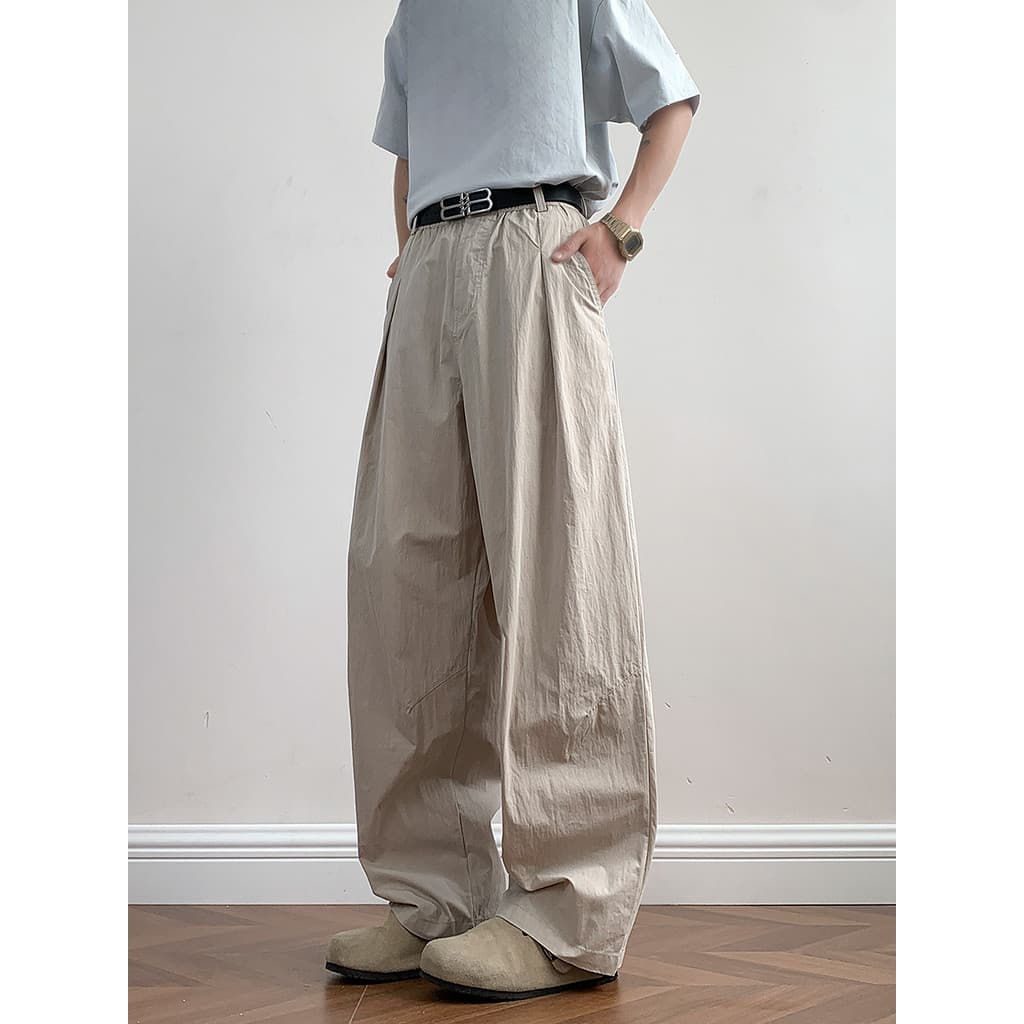 Verão gelo seda estilo fino calças plissadas homens estilo americano Street Wear solto Casual calças retas High-End maca