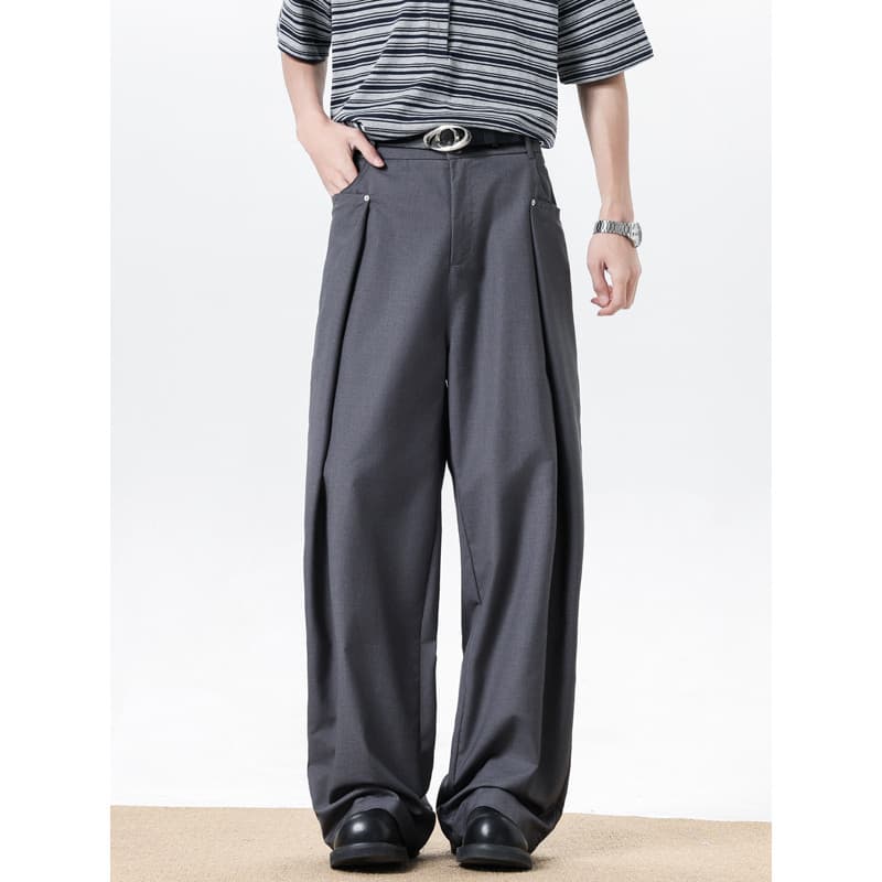 High-End sentimento plissado terno calças masculinas na moda Design desconstrução sentimento calças de perna larga verão