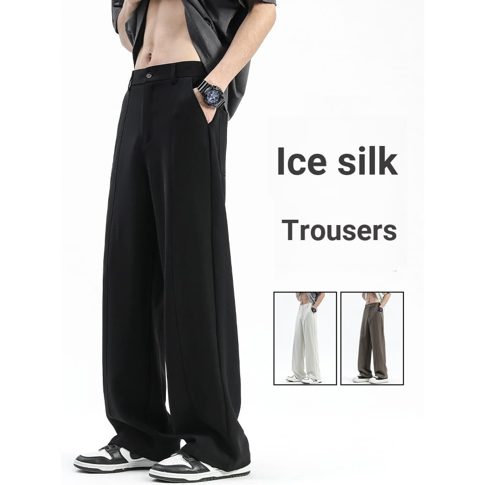 Drape calças de seda gelo dos homens verão fino perna larga em linha reta solta calças casuais masculino preto rufião bo