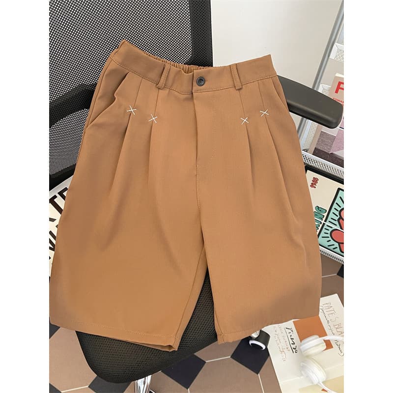 Calças japonesas simples de cintura elástica masculinas verão Drape perna larga calças de cinco pontos All-Match High-En