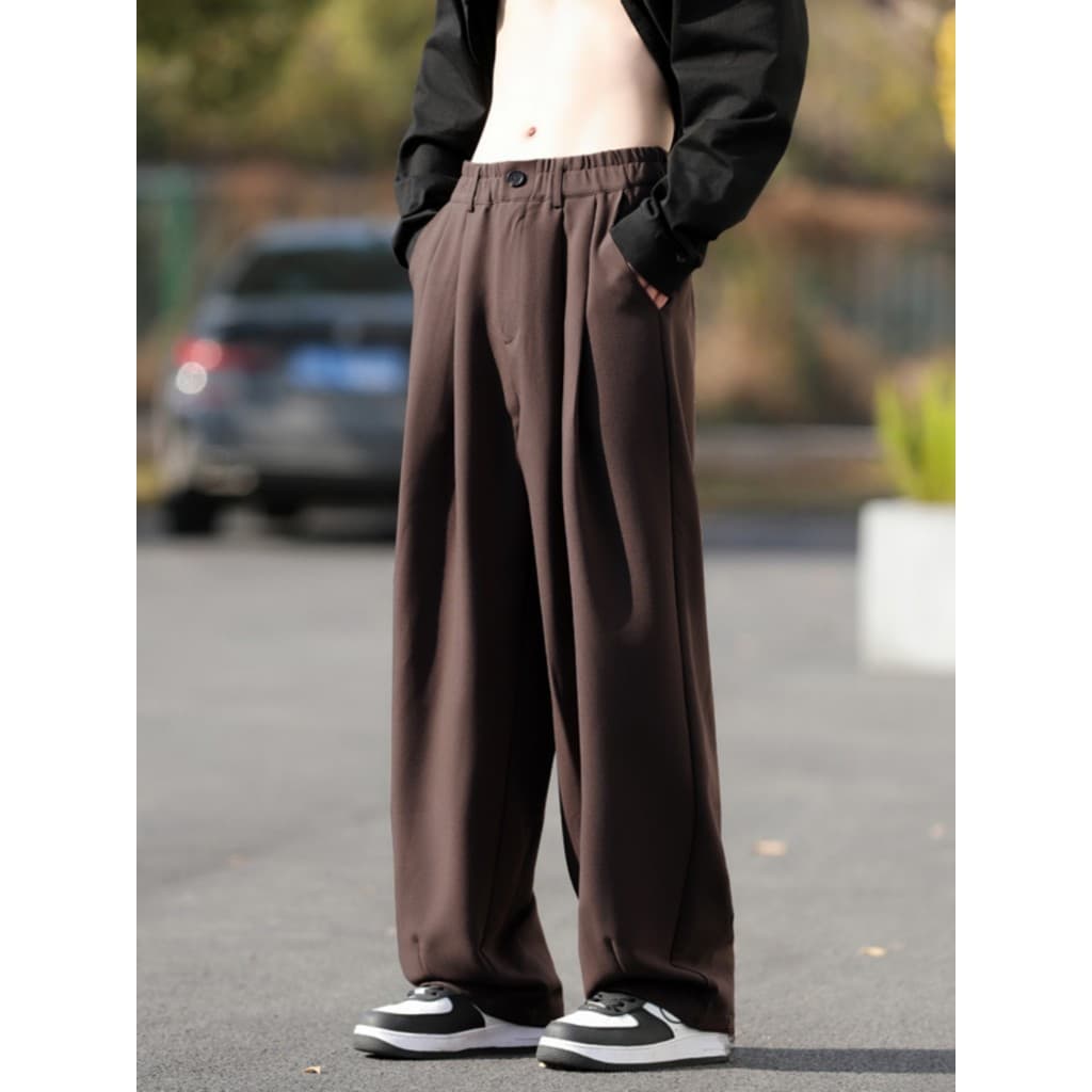 Calças de cintura Semi-elástica masculinas estilo Hong Kong ins primavera outono drapeado bonito calças na moda solta Ca