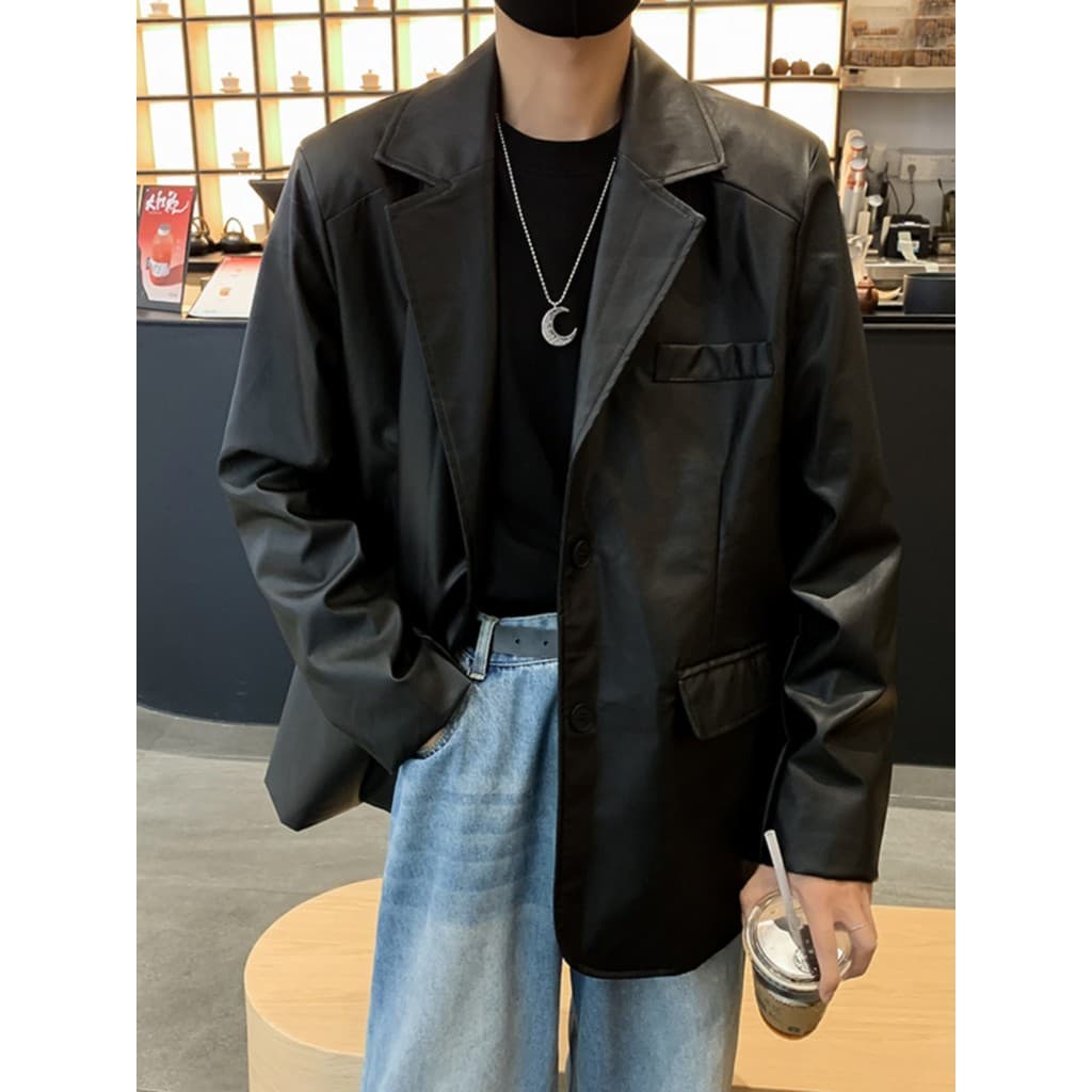 Couro do plutônio ombro acolchoado terno jaqueta masculina primavera outono Street Wear rufião bonito solto pequeno tern