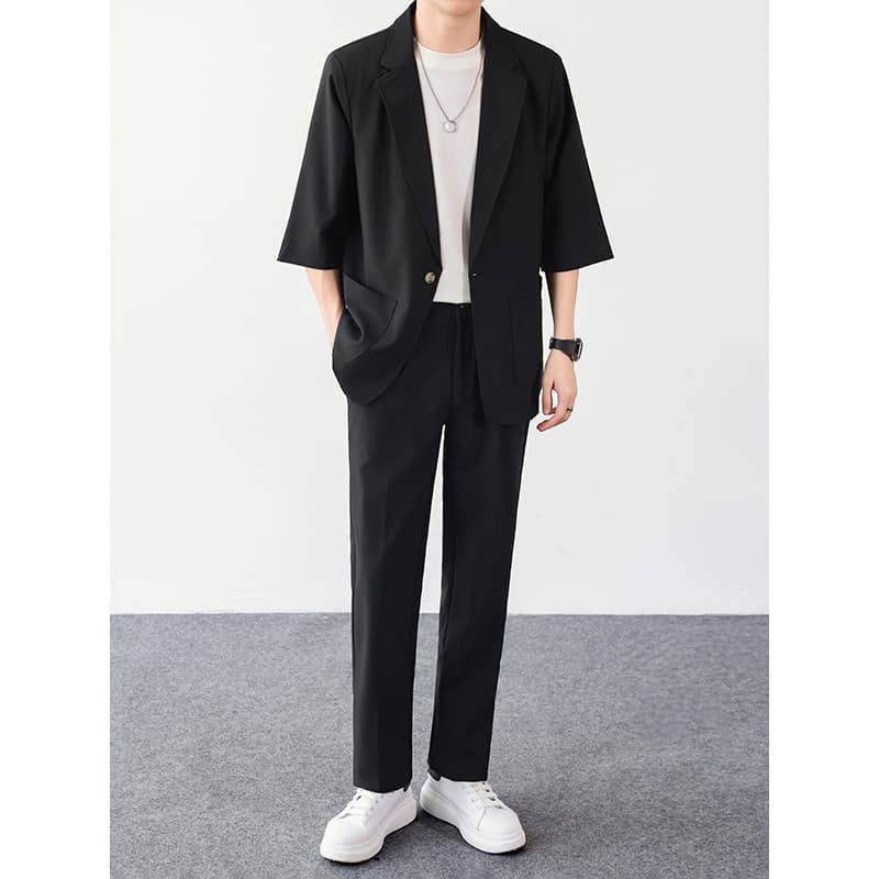 Blazer drapeado de seda gelo masculino verão High-End sentido não-ferro manga três quartos topo na moda All-Ma