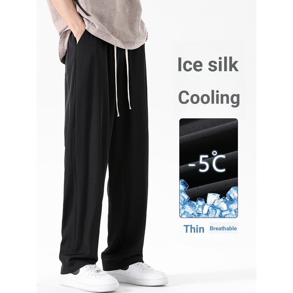 Drape calças de seda gelo homens verão fino preto rufião bonito solto elástico calças retas casuais calças de chão de pe