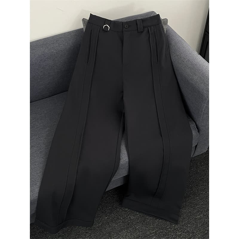 Drape duplo plissado calças casuais masculinas Street Wear cleanfit solto calças de perna larga verão estilo americano c