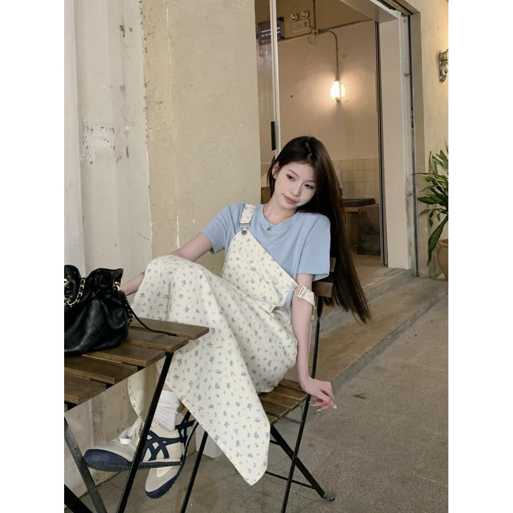 Azul Floral Denim cinta saia feminina 2026 primavera novo estilo estilo coreano redução de idade Casual pequena saia lon