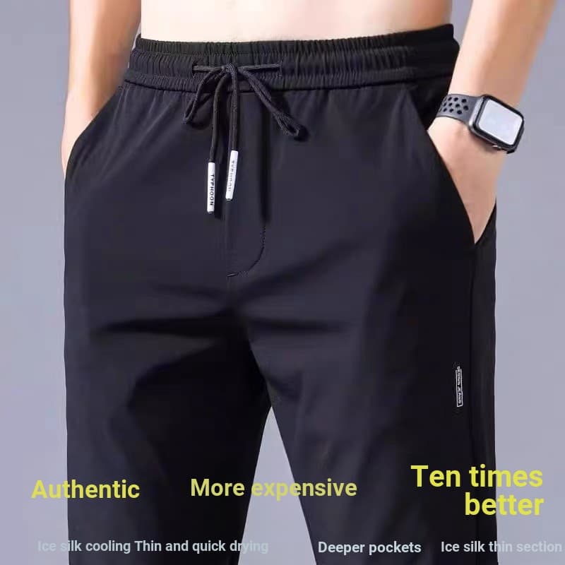 Calças masculinas verão solto em linha reta calças casuais versão coreana na moda estiramento calças de seda gelo não-fe
