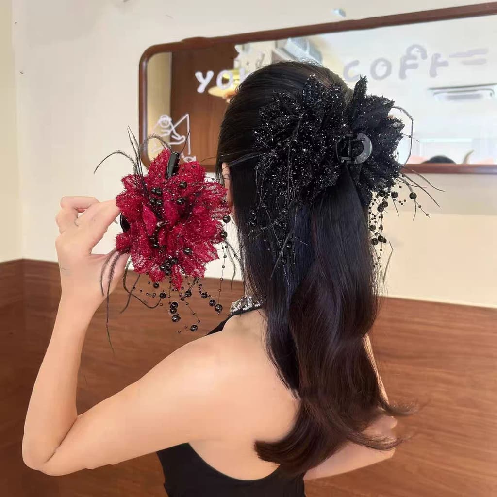 1Pc Vermelho Preto Peônia Hairpin Meninas Elegante Garra De Cabelo OOTD Roupa Diária Primavera Na Moda