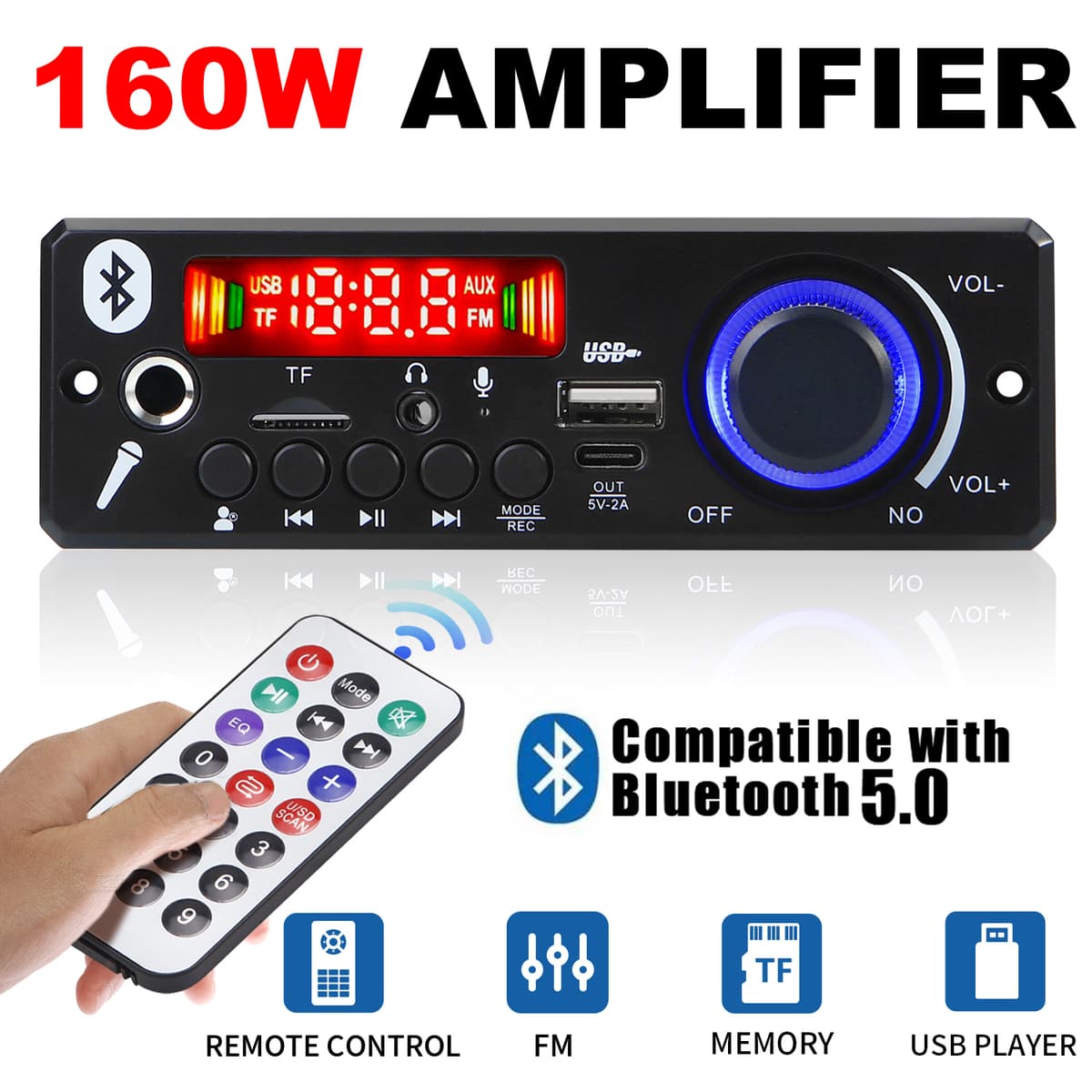 Amplificador 160W Bluetooth 5.0 DIY Placa MP3 Leitor De Áudio 12V Módulo De Rádio FM TF USB Mic Record Call