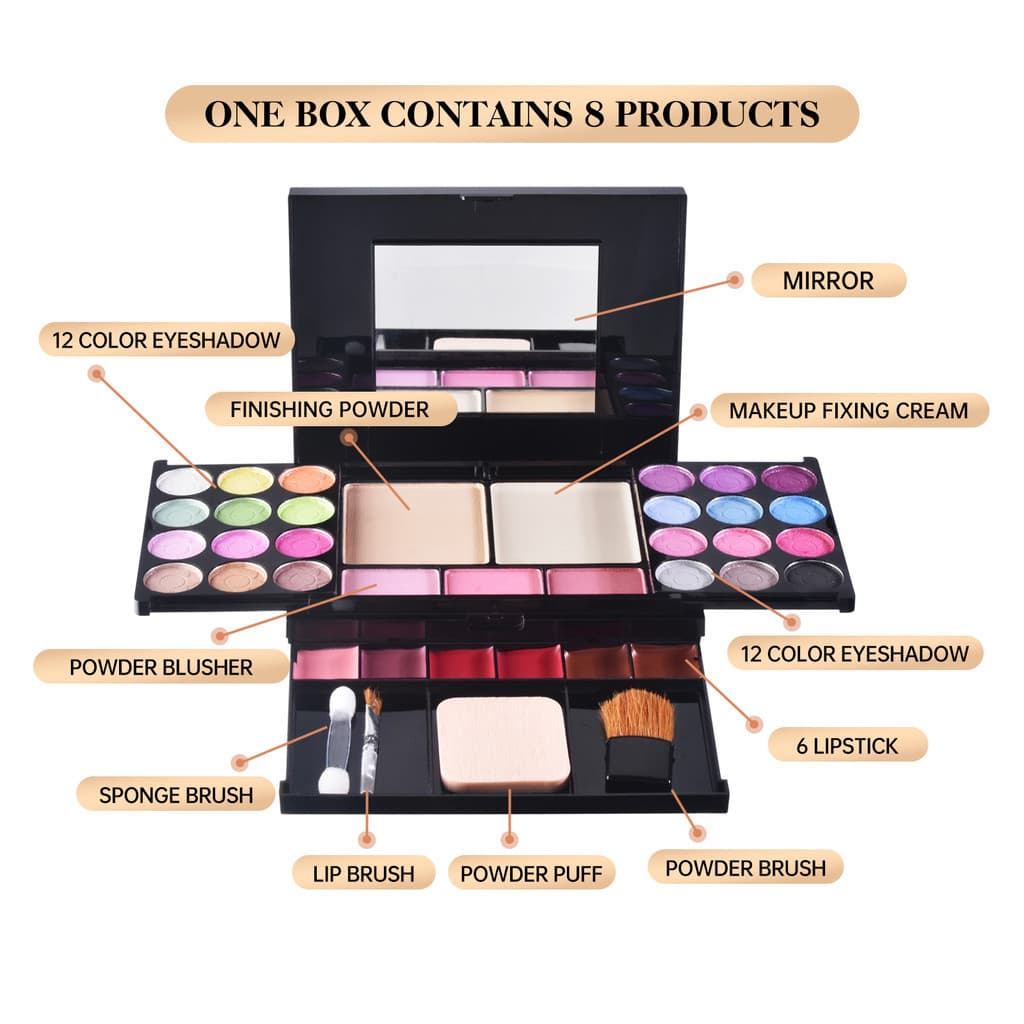 Kit De Maquiagem Profissional Multifuncional-24 Sombras , 3 Blushes , 6 Batons , 2 Pós E 3 Pincéis , Presente Ideal Para