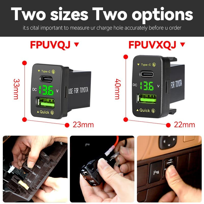 Adaptador De Carregador De Carro QC3.0 48W USB-C , Carregamento Rápido 12V/24V Para Toyota , Telefones