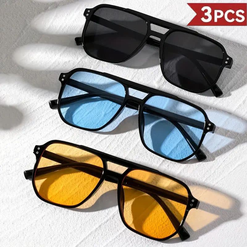 3 Peças De Óculos De Sol Retrô De Feixe Duplo , Armação Grande , Lente Oceano , Sombra Da Moda