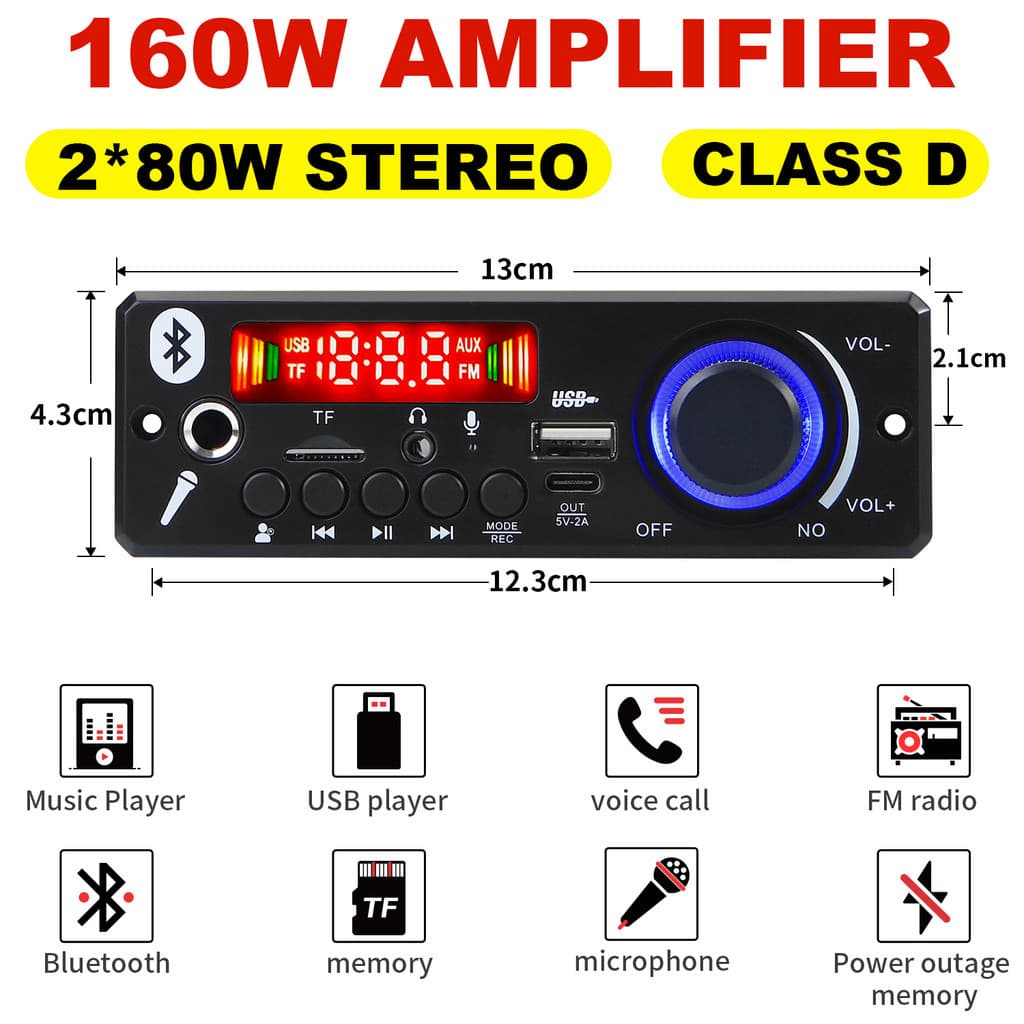 [Shopee Choice] Amplificador 160W Bluetooth 5.0 Placa MP3 Leitor De Áudio 12V Com Módulo De Rádio FM Para Carro TF Micro