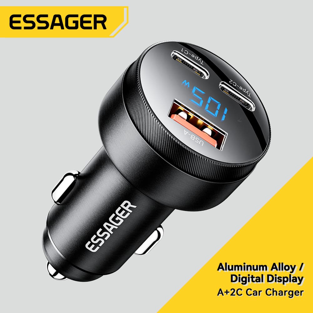 Carregador De Carro Essager 105W 2 Type C + USB Carregamento Rápido PPS PD QC Preto Cinza Para Viagem Automática E Escri